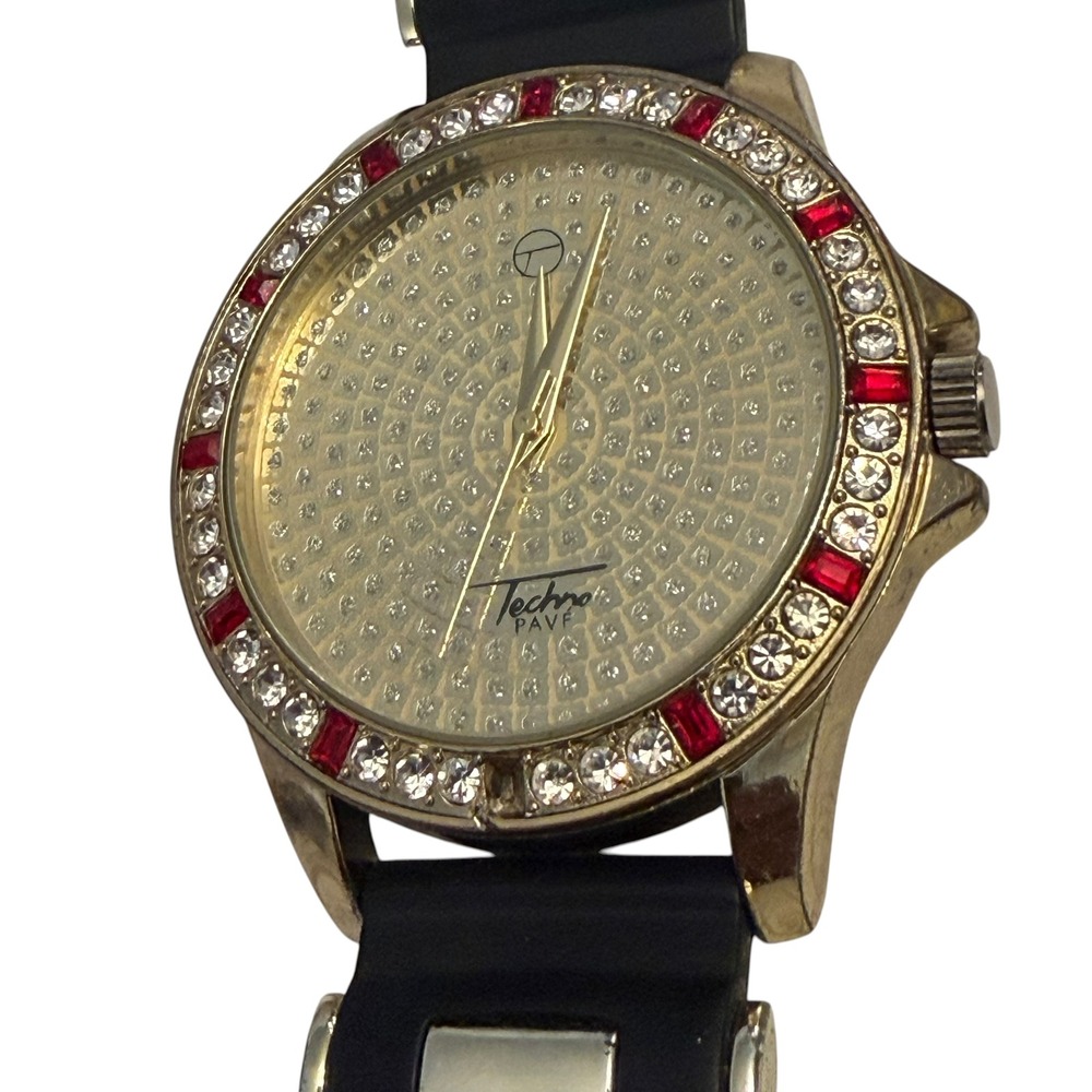 Techno Pave 8241 Quartz Watch Gold Tone Red Crystal Bezel Black Strap Working‎